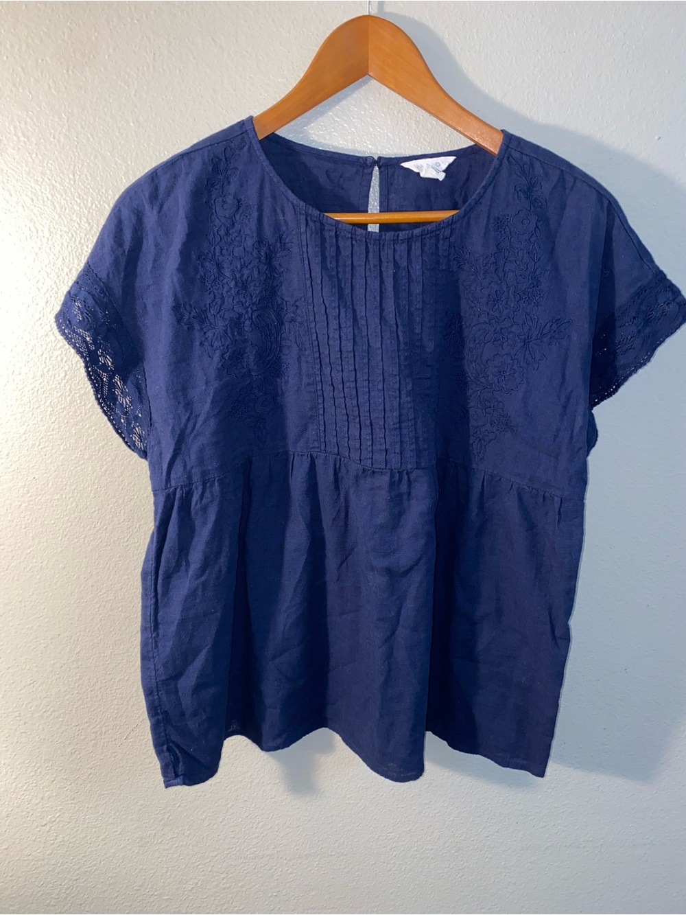 CASLON Navy Blue Embroidered 100% Cotton Pintuck Babydoll Blouse M